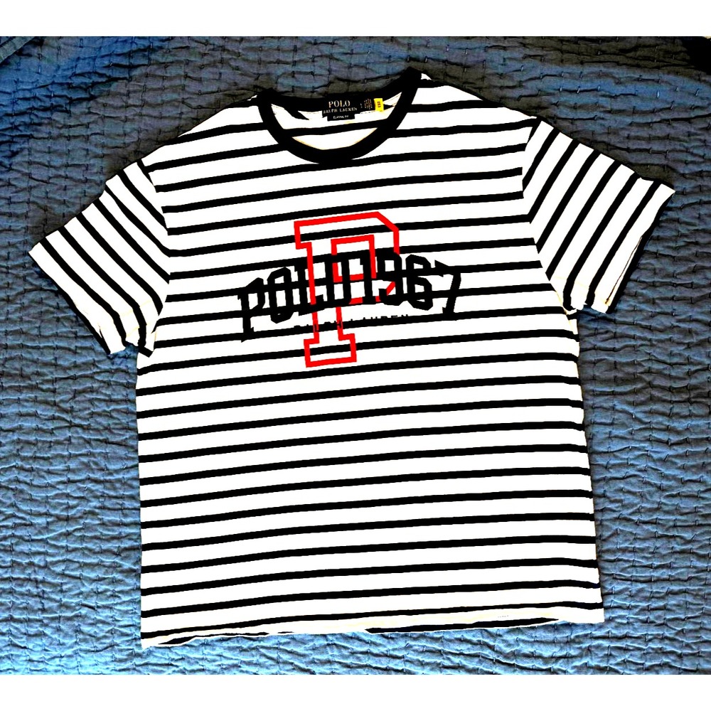 Polo Ralph Lauren Classic Fit Shirt Men's Large White Striped 1967 Logo Graphic